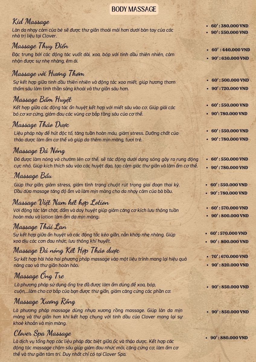 bảng giá clover spa